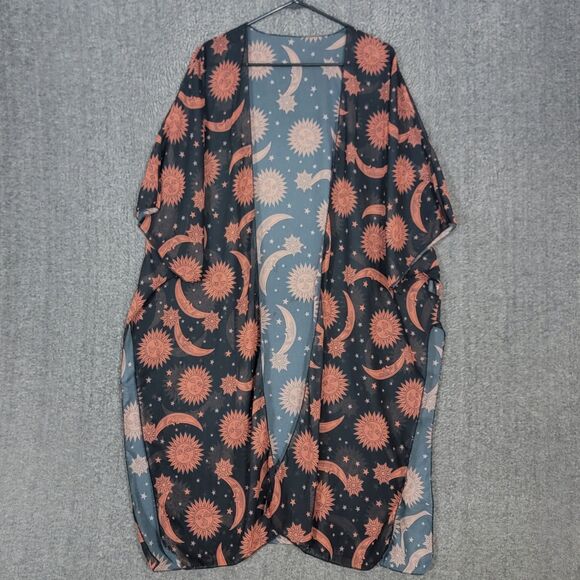 Celestial Kimono Womens One Size Black Brown Sheer Sun Moon Stars Midi Cover Up - Picture 3 of 15